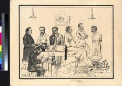caricature faisant référence au combat d'arrière-garde que se livrent les médecins lausannois vers 1905 concernant le nouveau traitement chirurgical de l'appendicite. La scène montre un malade couché sur un lit d'hôpital et attaché par une sangle. Il e…
