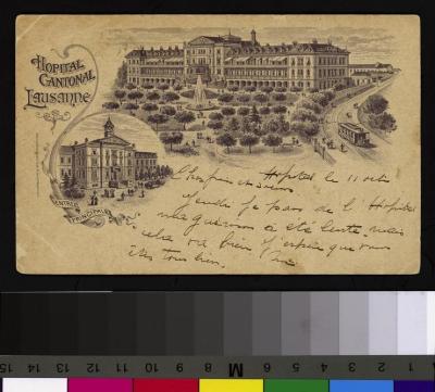 Carte postale représentant deux vues de l'Hôpital Cantonal de Lausanne. L'une montre la façade sud de l'hôpital. L'autre est un détail de l'entrée principale, représentée dans un médaillon entouré d'un cadre décoratif avec un ruban portant l'inscriptio…